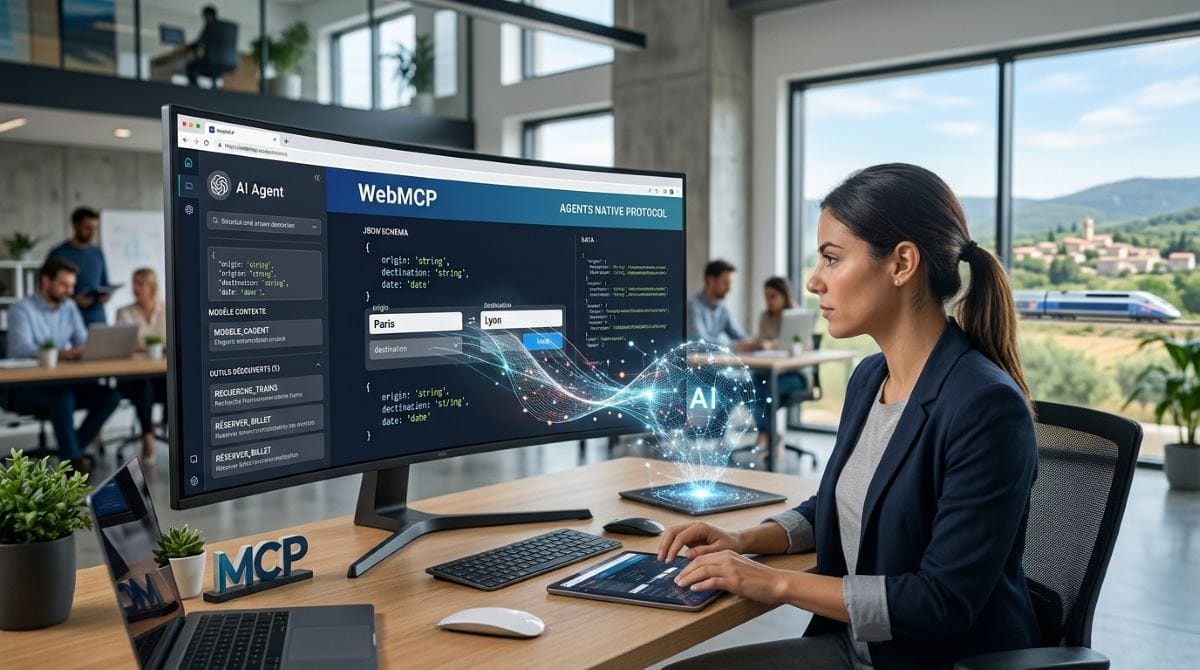 Une professionnelle travaillant sur un écran affichant le protocole WebMCP et le schéma JSON d'un agent IA.